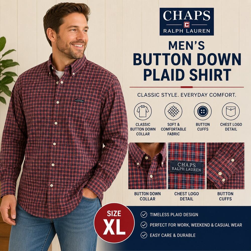 Chaps Ralph Lauren Mens Plaid Button Down Shirt Red Navy Burgundy Long Sleeve XL